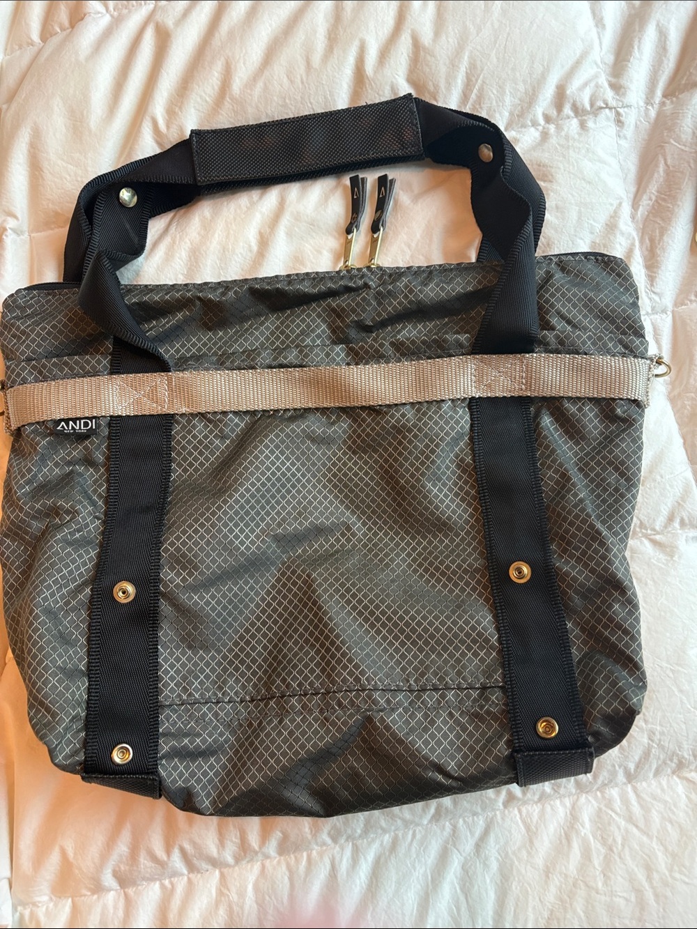 ANDI New York convertible tote bag in a gray grid pattern. - Picture 2 of 12